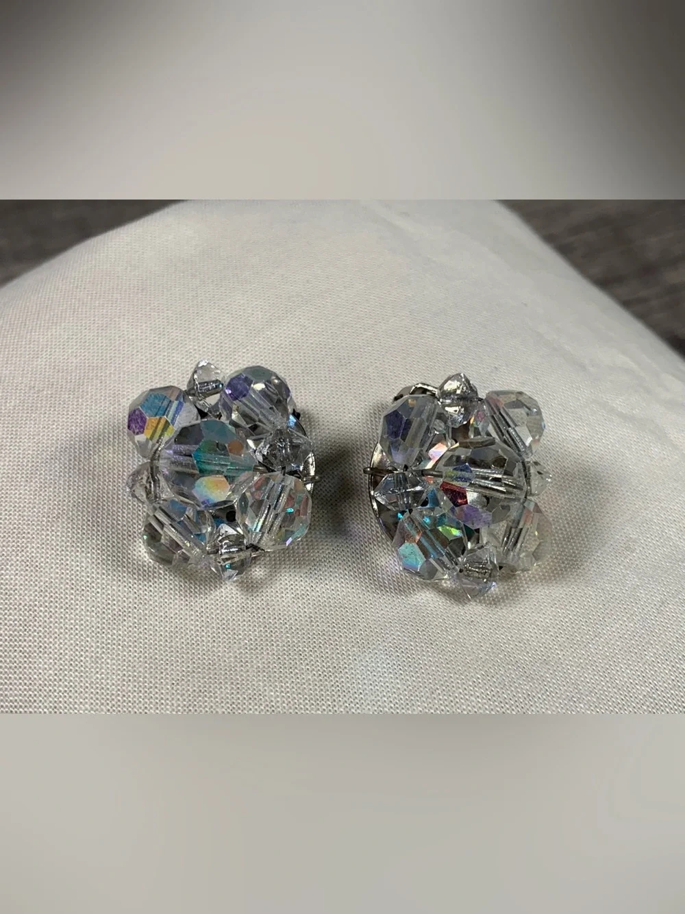 Vintage Beaded Cluster AB Iridescent Clip On Earrings Clear